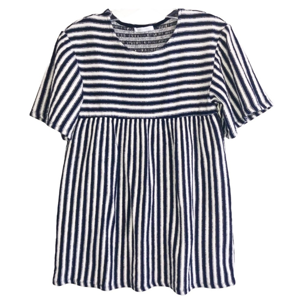 Zara Peplum Tunic Top Navy White Striped Contrasting Short Sleeves Womens Size S